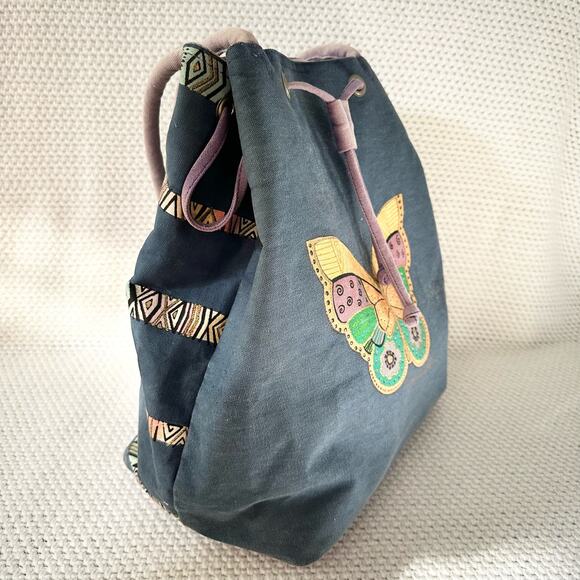 Laurel Burch Blue Denim Purple Drawstring Pull Handpainted Butterfly Backpack - Picture 5 of 13
